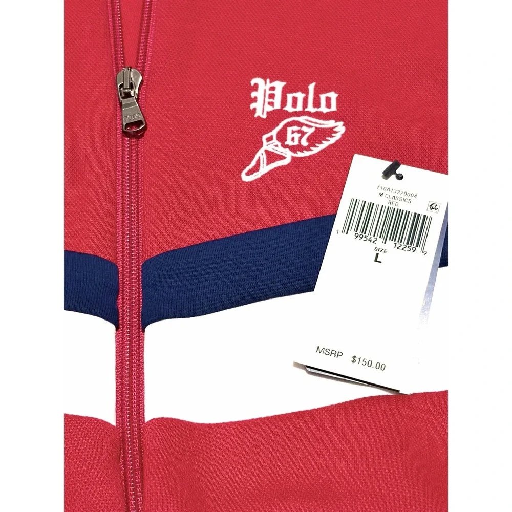 NWT Polo Ralph Lauren Mens L Double Knit Track Jacket Red Winged Foot Logo Zip